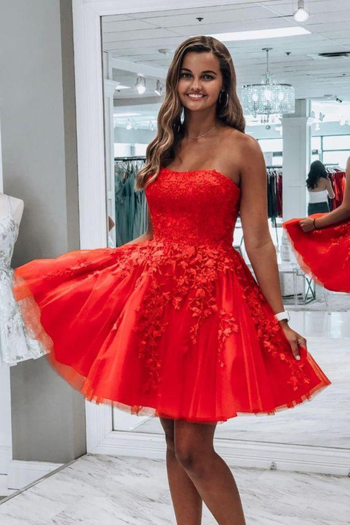 Cute Strapless Red Lace Short Prom ...